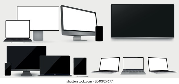 Set Mock-up of realistic devices. Smartphone, tablet, laptop, TV. 3D Vector collection gadgets, Mockups to showcase your web-site design