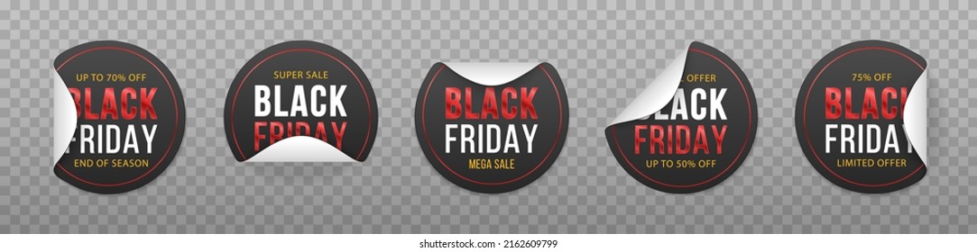 Set of mockup realistic papers rounds stickers for black friday. Black rounds papers adhesive stickers with peeling corner and shadow.
