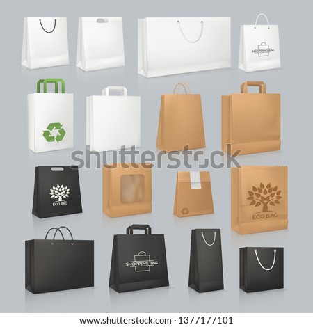 Set of mockup realistic square paper package bag, festive boxing. Corporate identity blank packaging, shopping bag. Shopping bag paper mockup branding packaging template: white, black vector
