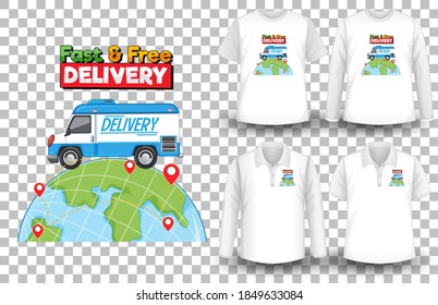 Set-Set mit Modell-Shirt mit Design-Illustration zum Thema Lieferung
