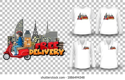 Set-Set mit Modell-Shirt mit Design-Illustration zum Thema Lieferung