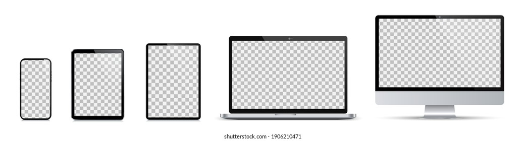 Set of mockup technology devices with empty display computer, laptop, tablet and mobile phone, different model - vector