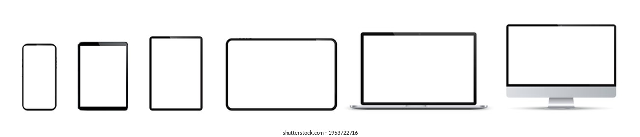 Set of mockup technology devices with empty white display: computer, laptop, tablet and mobile phone - stock vector