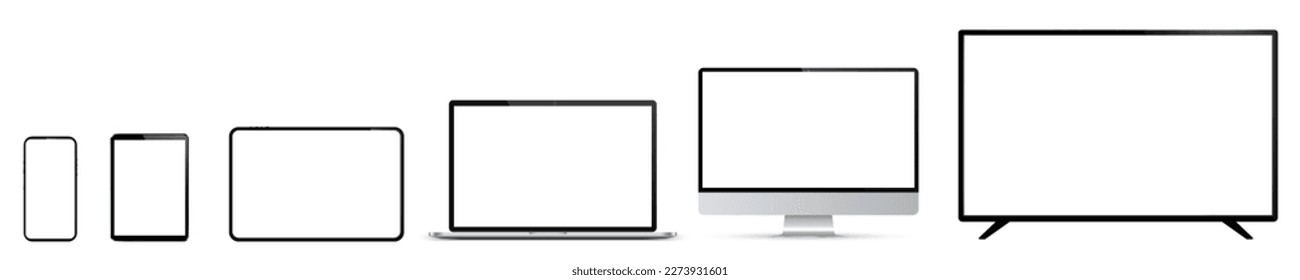 Set of mockup technology devices with empty white display: TV, computer, laptop, tablet and mobile phone. Screen device mockup blank. Realistic media gadgets with white screen - vector