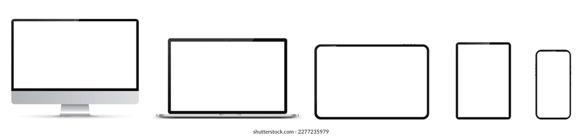 Set of mockup technology devices with empty white display: computer, laptop, tablet and mobile phone - vector