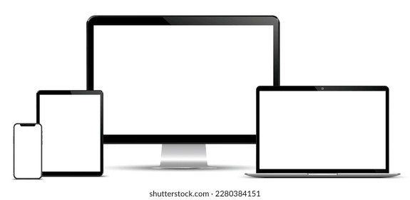 Set of mockup technology devices with empty display computer, laptop, tablet and mobile phone - vector