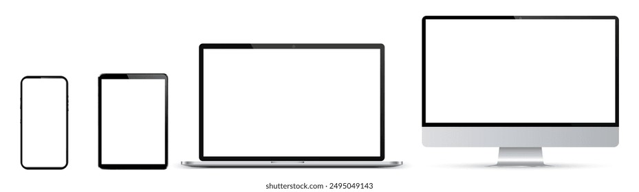 Set of mockup technology devices with empty white display: computer, laptop, tablet and mobile phone. Screen device mockup blank. Realistic media gadgets with white screen