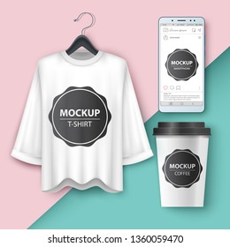 Set mockup t-shirt, smartphone, cup coffe tea Vector eps 10