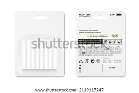 A set of mockups of battery packs with text. Front and rear side. Vector illustration isolated on white background. Perfect for pack shot product. EPS10.	
