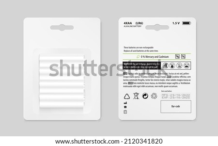 A set of mockups of battery packs with text. Front and rear side. Vector illustration. Perfect for pack shot product. EPS10.	