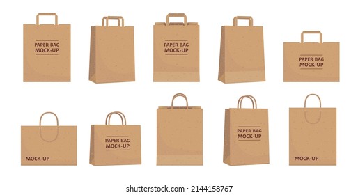 A set of mockups of brown paper bags with textured fibers. Vector.