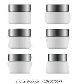 Set of mockups colored cream containers. Realistic mock-up isolated on white background. Shadows and reflections on the surface.