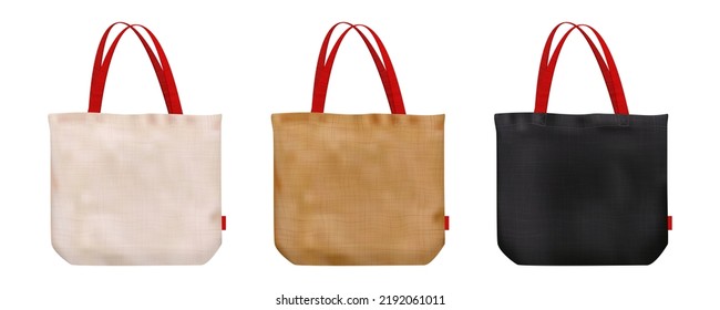 Set of mockups of cotton tote bag with cloth texture isolated from background. Eco friendly shopper. Zero waste illustration. Vector advertising template. Shopping sack. Totebag with red handles