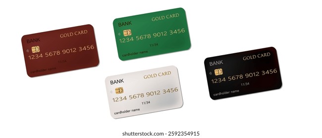 Set of mockups of credit and gift bank cards. Vector template of plastic bank cards png on transparent background.