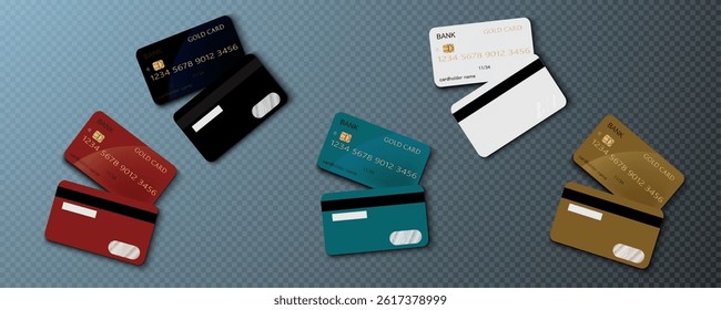 Set of mockups of credit and gift bank cards. Vector template of plastic bank cards png on transparent background.