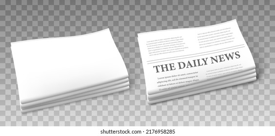 Set of mockups of the daily news press, vector illustration on a transparent background. A stack of paper newspapers, a layout for the text. Business press, template, mockup