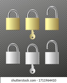 Set mockups of metal padlocks in silver and golden colors locked and unlocked positions with key, realistic vector illustration isolated on transparent background.