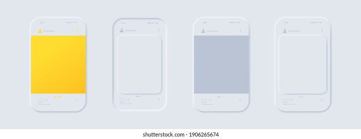 Set of mockups of the mobile app with open photo social network. Mock up, template. Social network post. Interface carousel. Photo gallery. Neumorphic UI UX white user interface. Neumorphism.