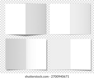 Um conjunto de maquetes de livretos abertos, livros e brochuras de duas páginas sobre um fundo transparente, em quatro orientações diferentes. Ilustração vetorial 3D para seu design.