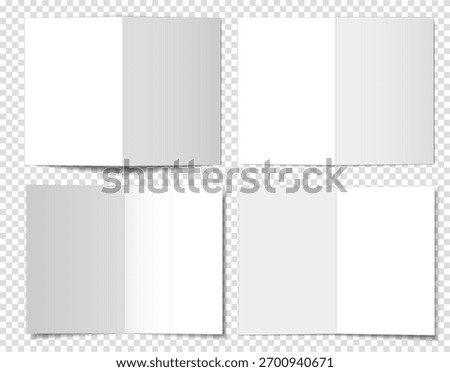 A set of mockups of open booklets, books, and two-page brochures on a transparent background, in four different orientations. 3D vector illustration for your design.