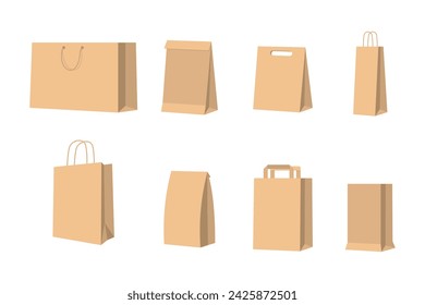 A set of mockups of paper shopping bags, realistic paper bags, eco-friendly packaging for food and more.