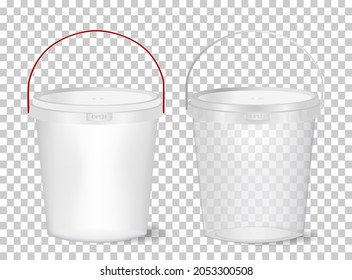 A set of mock-ups of plastic containers (transparent and white) with handles, with a capacity of 1, 2 or 3 liters for food products on a transparent background. Vector illustration.