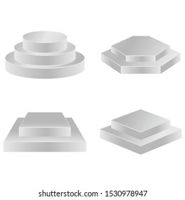 A set of mock-ups of podiums of different gometric shapes. Circle, rhombus, square and pentagon. Podium for the presentation of goods. Vector image.
