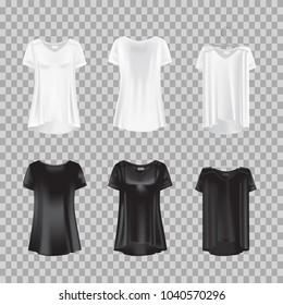 Set of mockups realistic women`s t-shirts - tunics. Women's short sleeve t-shirt. Everyday beautiful clothes. White, black templates of fashion clothes. Front view. Vector illustration.