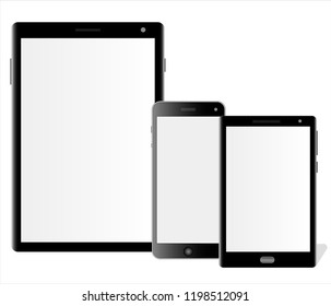 Set of the mockups realistik tablet computer and two smartphones of different models with shadows, isolated on a white background with shadows.