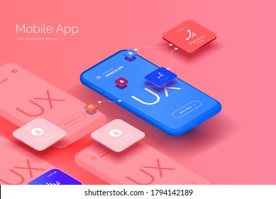 A set of mockups for smartphones with a user interface for a mobile application. Mobile application design for business. User Experience Development. Modern illustration isometric style