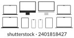 Set mockups technology devices of 2023-2024 years with empty display in silver and black colors, phone tablet, computer monitor, laptop pro and air, device screen mockup, blank screen