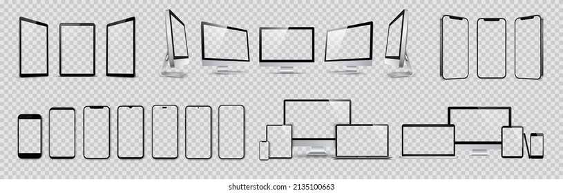 Set mockups of technology devices with empty display, device screen mockup collection, big realistic set mock up, computer, laptop, tablet, smartphone with shadow - vector