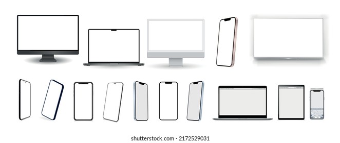 Set Mockups von Technologiegeräten mit leerem Display, Bildschirm-Mockup-Sammlung, große realistische Set-Mock-up-TV, Computer, Laptop, Tablet, Smartphone und mit Schatten.