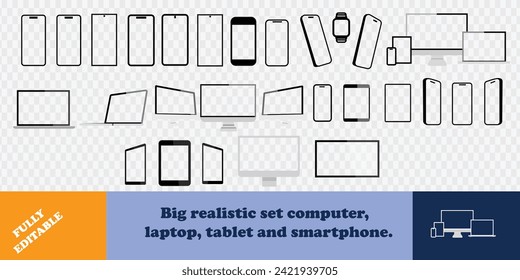 Set mockups of technology devices with empty display, device screen mockup collection, big realistic set mock up TV, computer, laptop, tablet, smartphone and watch with shadow.