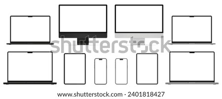 Set mockups technology devices with empty display in silver and black colors, phone tablet, computer monitor, laptop pro and air, device screen mockup, blank screen