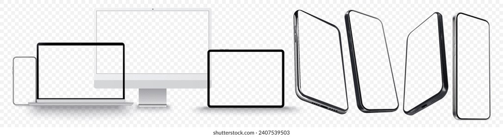 Configura maquetas de equipos de tecnología portátil, teléfono, pc, tablet con pantalla vacía, colección de simulación de pantalla de dispositivo. Ilustración del vector