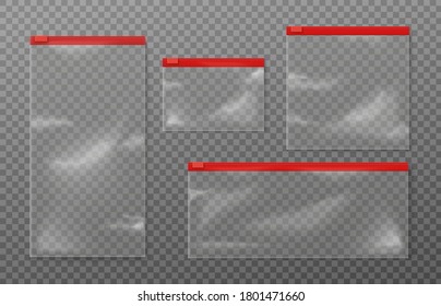 Set mockups of transparent plastic zipper bags, realistic vector illustration isolated on transparent background. Empty polythene containers or pouches with red zipper.