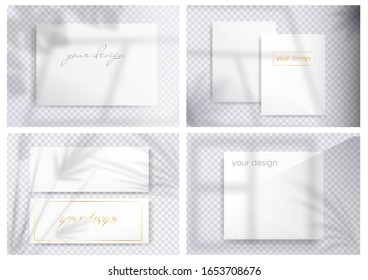 Set of mockups. Transparent shadow overlay effects. Scenes of natural lighting. Monstera leaves and window frames overlays blurred shadows.  Realistic vector shadow.