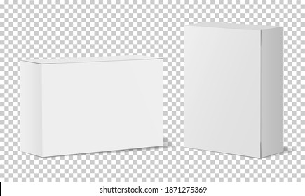 Set of Mockups of vertically and horizontally placed white boxes for packaging design of medicines, cosmetics, stationery, etc. on a transparent background. Designed for your design. Vector eps10.