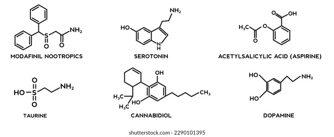 Set of modafinil nootropics, cannabidiol or CBD molecular, acetylsalicylic acid (aspirin), taurine(2-aminoethanesulfonic acid), serotonin, dopamine molecular structures. 