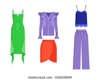 Set of mode clothing isolated on white backdrop, vector illustration with green dress with waving elements, lilac shirt and trousers, mode red skirt