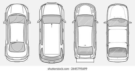 Set of model car sedan in top view. Taxi and ambulance car. Vehicles for planing architectural entourage. City transport in above view. Vector automotive collection