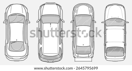 Set of model car sedan in top view. Taxi and ambulance car. Vehicles for planing architectural entourage. City transport in above view. Vector automotive collection