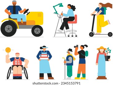 Set of model citizens diverse  workers and people diverse outdoor activities vector collection