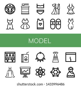 Set of model icons such as Vitruvian man, Dress, Formula, Underwear, Tank top, Couple, Slippers, Bar stool, Wedding dress, Juice box, Staff, Necklace, Atomic, Molecular , model