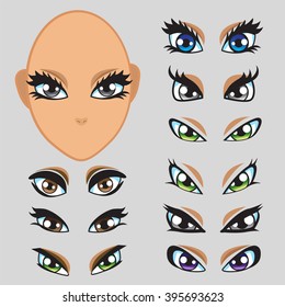 Set for modeling the face of a beautiful young girl. Eyes. Vector illustration.