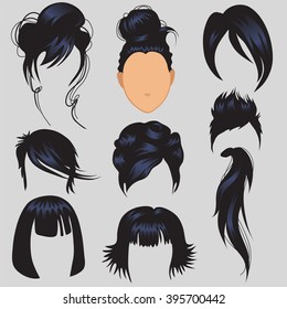 Set for modeling the face of a beautiful young girl. Haircut and hairstyle. Vector illustration.