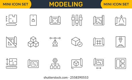 Set of Modeling outline icon set. Architectural planning icon collection. Planning, scheme, dimension, project, measurement, floor plan and more.
