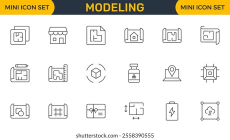 Set of Modeling outline icon set. Architectural planning icon collection. Planning, scheme, dimension, project, measurement, floor plan and more.
