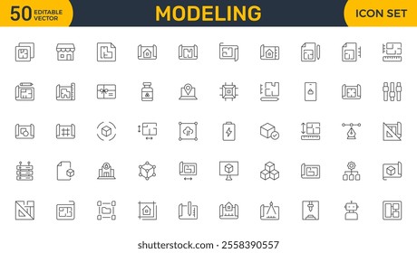 Set of Modeling outline icon set. Architectural planning icon collection. Planning, scheme, dimension, project, measurement, floor plan and more.
